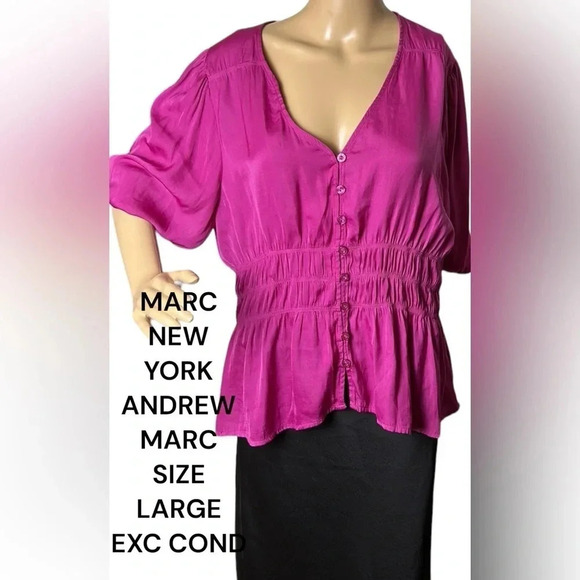 ANDREW MARC balloon sleeve blouse,smocked,deep V,button accent,satin like,barbie - Picture 1 of 14